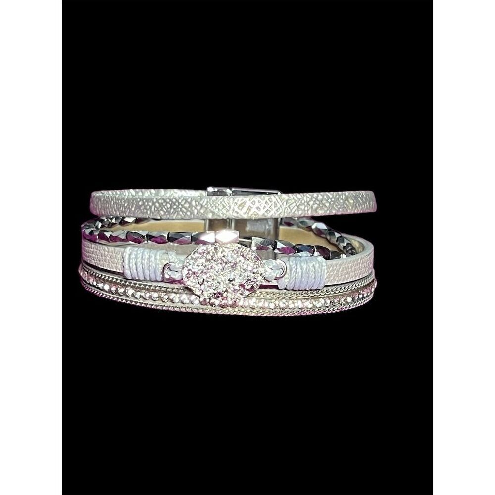 Boho Leather Wrap Bracelet with Rhinestones and Magnetic Clasp - Picture 8 of 13